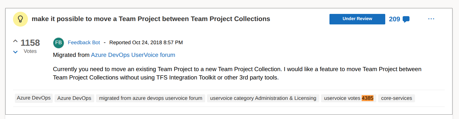 Capture de la demande sur la Developer Community de Microsoft : « make it possible to move a Team Project between Team Project Collections », statut « Under Review », 1 158 votes et 209 commentaires, ouverte le 24 octobre 2018 par Feedback Bot, migrée depuis le forum UserVoice d’Azure DevOps (étiquette « uservoice votes 4385 »).
